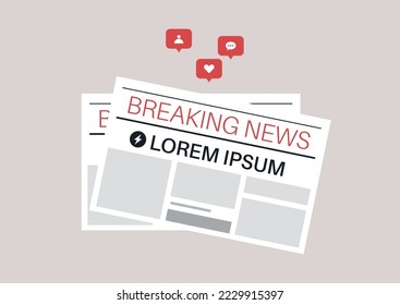 Breaking news, a newspaper alarming header, pop up social media reactions, like, follow, and comment