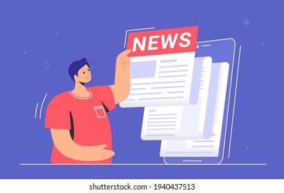 Última notificación de noticias de las últimas actualizaciones para el mundo, el entretenimiento y la política. Ilustración vectorial plana de un hombre lindo parado cerca de un gran smartphone y leyendo noticias diarias e historias de primera calidad