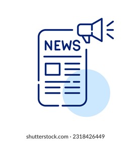 Breaking news notification. Reading online sources from smartphone. Article and megaphone. Pixel perfect