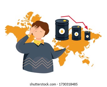 Breaking news of oil industry economic crisis and crude oil price vector illustration. Businessman saddened by falling oil prices