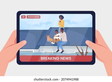 Breaking news on disaster flat color vector illustration. Streaming urgent information on emergency situation. Stressed family trapped on roof by flood 2D cartoon first view hand with color background