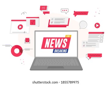 Breaking news on laptop background vector illustration cartoon flat design modern style 
