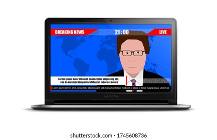 Breaking news on the screen realistic of the laptop, watching the news with the leading man in glasses isolated vector illustration