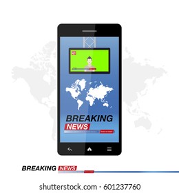 Breaking News on smartphone with background of the world map. Modern mobile TV. Journalist on the monitor screen. Vector illustration EPS 10