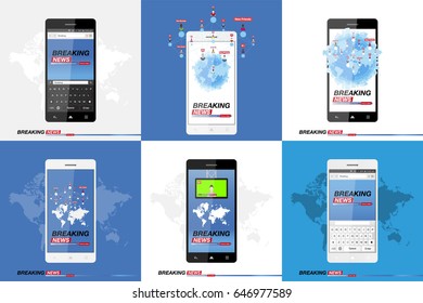 Breaking News on smartphone with background of the world map. Modern mobile TV. Vector illustration EPS 10