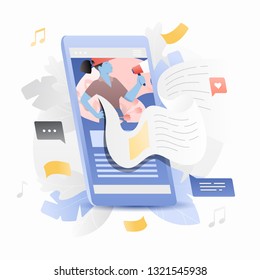 Breaking news on smartphone vector illustration. News flow sticking out of cell phone screen. News app concept.