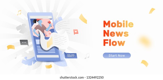 Breaking news on smartphone vector banner template. News flow sticking out of cell phone screen. News app concept.