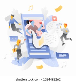 Breaking news on smartphone vector metaphor. Little people characters over a news flow sticking out of cell phone screen. News app concept.