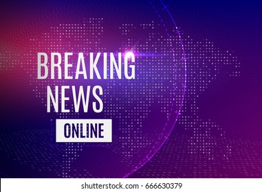 Breaking news online announcement message line with message about latest news on a futuristic bright background with abstract lines, dot and glowing design elements. Vector banner illustration