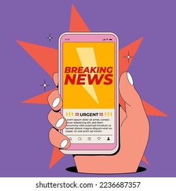 Breaking news post o concepto de sitio web con la mano sosteniendo un smartphone con información de noticias de última hora en la pantalla. Ilustración vectorial en estilo de caricatura