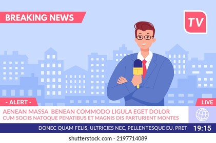 Breaking News Presenter. Tv Broadcasting Anchor Report Information, Professional Newscaster Journalist Reporter On Background Screen Television Channel, Vector Illustration Of Tv Presenter Television