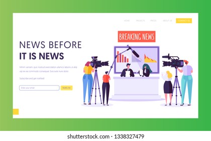 Breaking News Program Concept Landing Page. Videographer with Camera Shoot in Television Studio. Reporter Character Read Text Sitting at Desk Website or Web Page. Flat Cartoon Vector Illustration