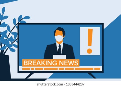 Breaking news reader anchorman wearing white medical mask. Television, media, journalism, press. Vector illustration. EPS10.