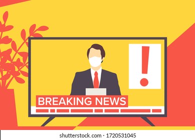 Breaking news reader anchorman in white medical mask during coronavirus COVID-19 pandemic. Media, journalism, press vector illustration. EPS 10.