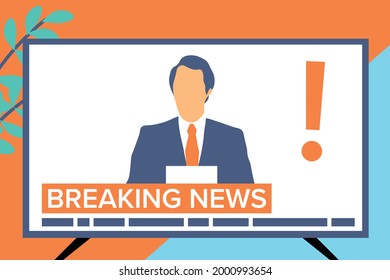 Breaking news reader anchorman in white medical mask during coronavirus COVID-19 pandemic. Media, journalism, press vector illustration. EPS 10.