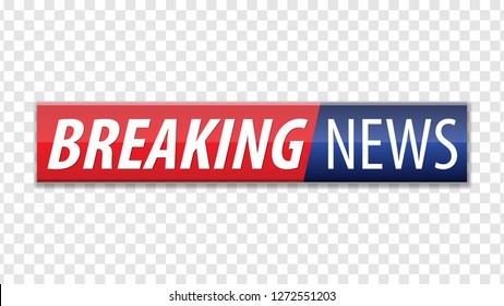 Breaking news. Red blue banner with white text isolated on transparent background. Vector illustration.