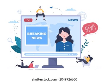 Breaking News Reporter Background Vector Illustration With Broadcaster or Journalist on the Monitor About Information Incident, Activities, Weather and Announcements