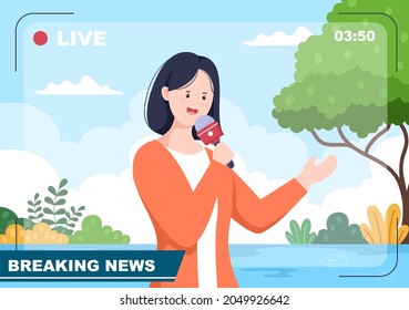 Breaking News Reporter Antecedentes Vector Ilustración con locutor o periodista en el monitor sobre incidentes de información, actividades, tiempo y anuncios