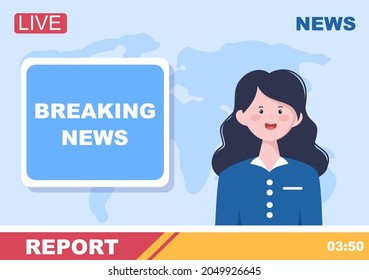 Breaking News Reporter Background Vector Illustration With Broadcaster or Journalist on the Monitor About Information Incident, Activities, Weather and Announcements