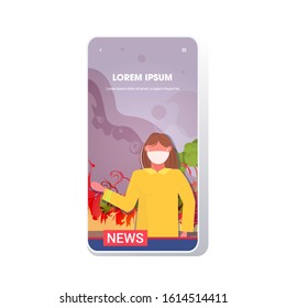 breaking news reporter in mask live brodcasting bushfire global warming natural disaster ecology problem concept portrait smartphone screen mobile app copy space vector illustration