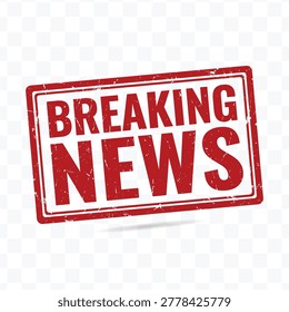 Breaking news rubber stamp vector illustration with bold grunge typography style for media headlines, urgent broadcast alerts, and journalism design concepts.