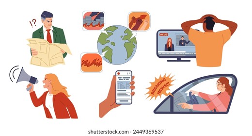 Breaking news. Scared phone newsletter. People reading newspaper. Reportage TV broadcasting. Digital magazine. Stress of looking press. Online report. Shocked information. Worried persons vector set