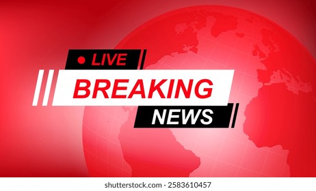 Breaking news screen banner, with globe world map, red color template design widescreen ratio 16:9 vector illustration for news channels or internet television broadcast 