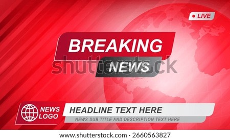 Breaking news screen banner, with globe world map red color template design size 16:9 vector illustration for news channels social medial news alert, social media news or internet television broadcast