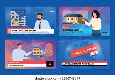 Breaking news screen global television broadcasting earthquake damage set vector illustration. Man woman host leading TV channel studio live report information world media headline communication