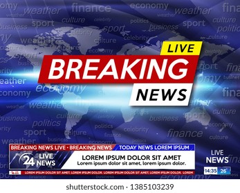 Breaking news. Breaking news screen saver live on world map background. Vector illustration.