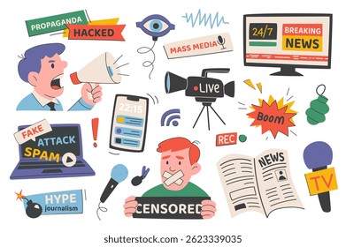 Breaking news set in flat graphic design. Collection isolated elements of message badges, propaganda, mass media, online website, fake news, spam attack, hype journalism, other. Vector illustration.