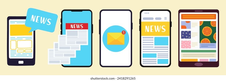 Breaking news set. Flat modern vector illustration of smartphone for online reading news in mobile phone app for a newspaper or magazine. Worldwide media in your device