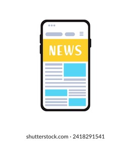 Último noticiero. Ilustración vectorial plana de un smartphone para la lectura en línea de noticias en la aplicación de telefonía móvil para un periódico o revista. Medios de todo el mundo en su equipo