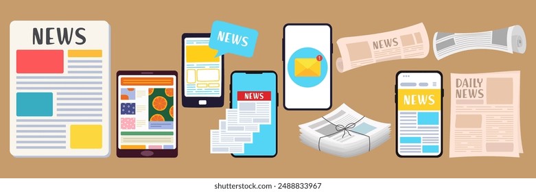Breaking news set. Flat modern vector illustration of smartphone for online reading news in mobile phone app for a newspaper or magazine. Worldwide media in your device. Printed newspaper publication