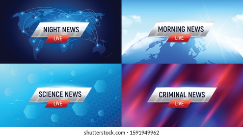 Breaking news set of four horizontal compositions with editable text captions on-screen graphics with backgrounds vector illustration