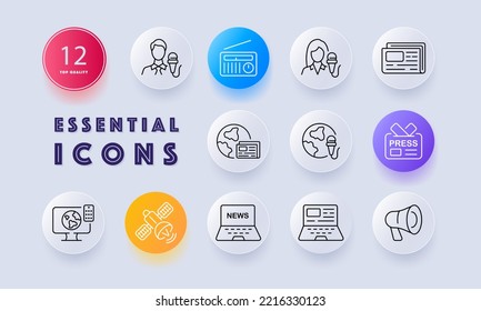 Icono de conjunto de noticias de última hora. En vivo, corresponsal, presentador, periodista, radio micrófono, televisión, transmisión, televisión. Concepto de la Uncos. Estilo neomorfista. Icono de línea de vector para negocios y publicidad