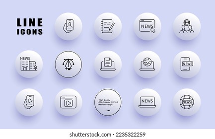 Breaking News set icon. Live, message, globe, presenter, journalist, radio microphone, tv presenter, social media, television. Uncos concept. Neomorphism. Vector line icon for Business and Advertising