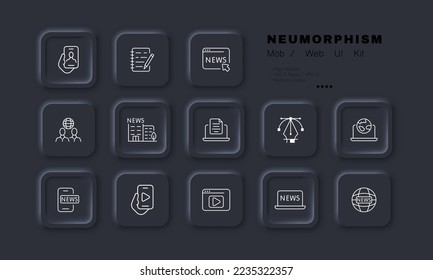 Breaking News set icon. Live, message, ticker, presenter, journalist, radio microphone, tv, broadcast, television. Uncos concept. Neomorphism style. Vector line icon for Business