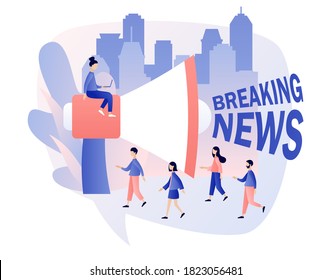 Breaking news - signis heard from a large megaphone and tiny people listening to the latest news. Modern flat cartoon style. Vector illustration on white background