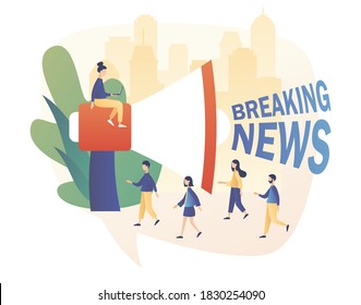 Breaking news - signis heard from a large megaphone and tiny people listening to the latest news. Modern flat cartoon style. Vector illustration on white background