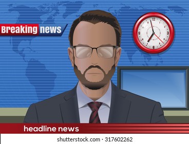 Breaking news. Silhouette of a bearded man with glasses. News announcer in the studio.