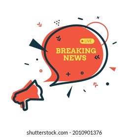 Rompiendo la burbuja del discurso de noticias y el megáfono con formas geométricas abstractas. Pegatina roja y marco negro sobre fondo blanco. Banner plano moderno con altavoz. Ilustración de la tarjeta vector.