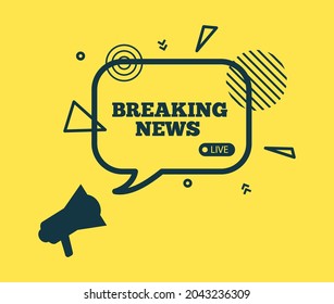 Breaking news speech bubble and megaphone with abstract geometric shapes. Outline sticker and bullhorn on yellow background. Modern flat hot news banner. Vector card illustration