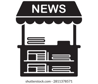 Breaking news stand kiosk with bold signage for media updates. Modern street vendor booth displaying current headlines and publications for commuters.