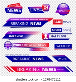 Breaking news. Television channel broadcasting service graphic headpiece banners vector template