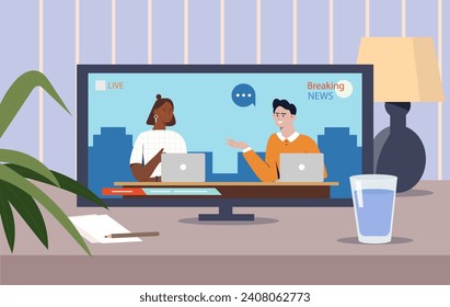 Breaking news at television concept. Anchors in tv show with information. Man and woman in mass media. Live stream and broadcast. Evening rest and leisure indoor. Cartoon flat vector illustration