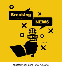 Breaking news template. Journalist in hand holding microphone. Template live news. Concept interview. Vector illustration flat design. Isolated on background. Search for information and hot news.