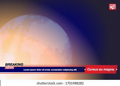 Breaking News template title with globe world map on blue background with light effects for screen TV channel. Flat vector illustration EPS10