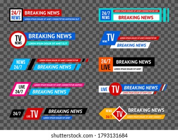 Juego de títulos de plantilla de noticias de última hora para el canal de TV de pantalla en un concepto de transmisión en segundo plano transparente. Ilustración del vector