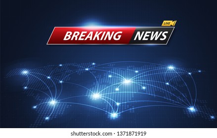 Breaking News template title with shadow on world map background for screen TV. vector design.